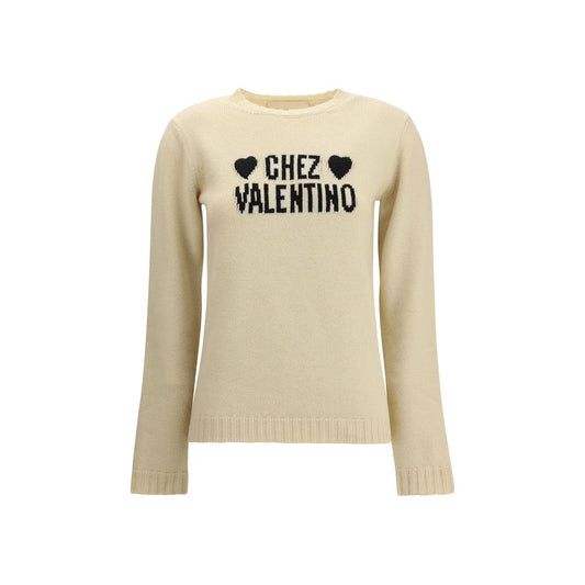 Valentino Cream Fleece Wool Sweatshirt with embroidered hearts, elegant and stylish, perfect for an original look, 100% wool.