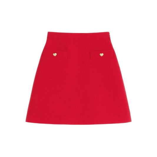 Valentino Crepe Couture Skirt in red with heart motif faux pockets and concealed side zip, wool and silk blend.