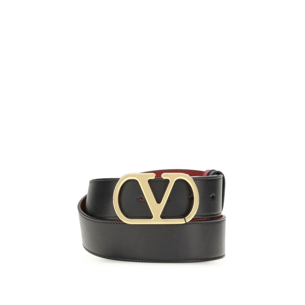 Valentino Garavani Black Calf Leather Bos Taurus Regular Belt with reversible design and iconic VLogo buckle, perfect for AW25.