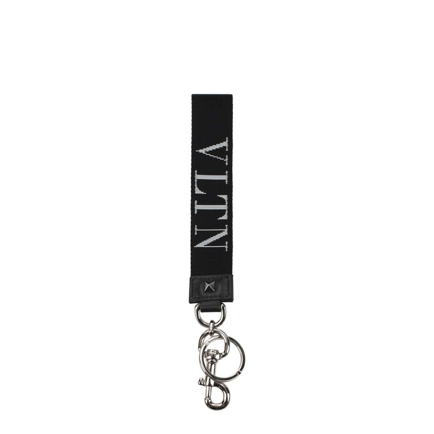 Valentino Garavani Black Fabric Keychain with studs and logo, silver clips closure, stylish leather strap, 3x16.5/23.5 cm.