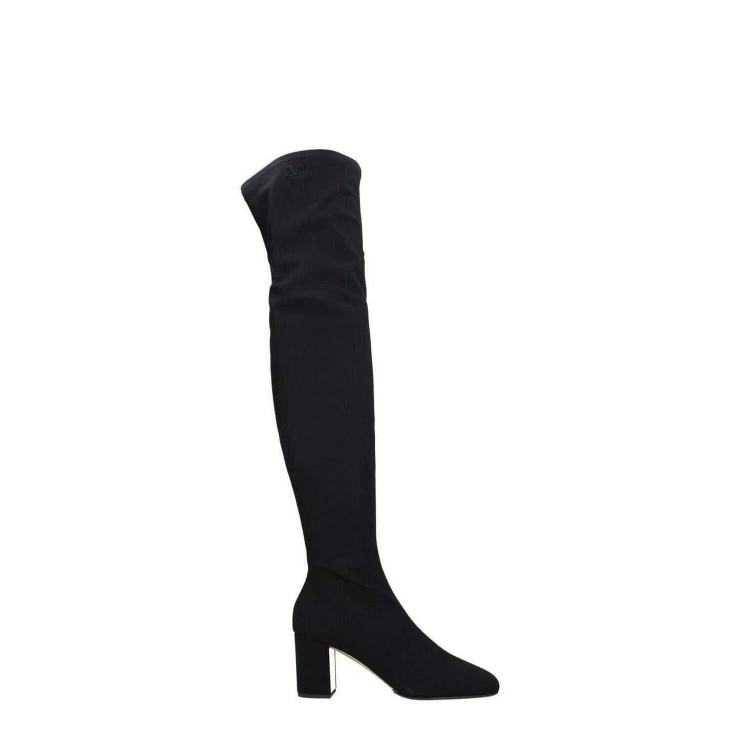 Valentino Garavani Black Fabric Over The Knee boots with side logo, zip closure, square toe, leather sole, and mid heels, heel height 7 cm.