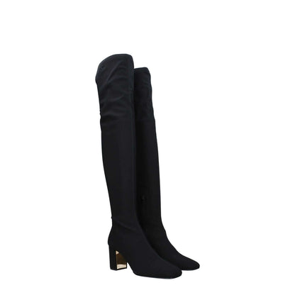 Valentino Garavani Black Fabric Over The Knee boots with mid heels, side logo, and zip closure.