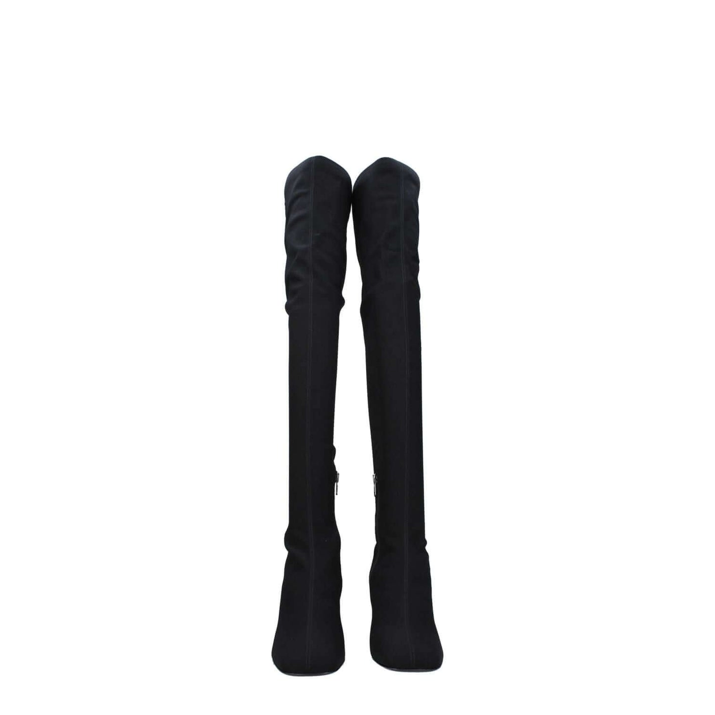 Valentino Garavani Black Fabric Over The Knee boots with side logo and square toe design.