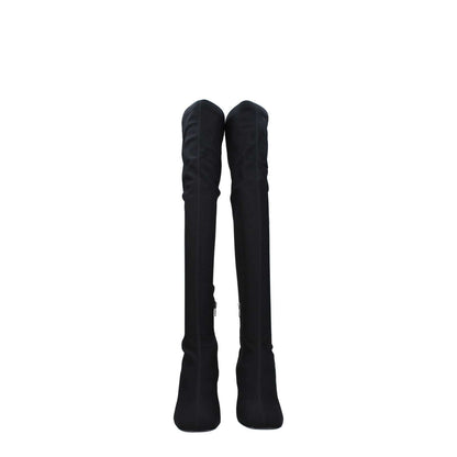 Valentino Garavani Black Fabric Over The Knee boots with side logo and square toe design.