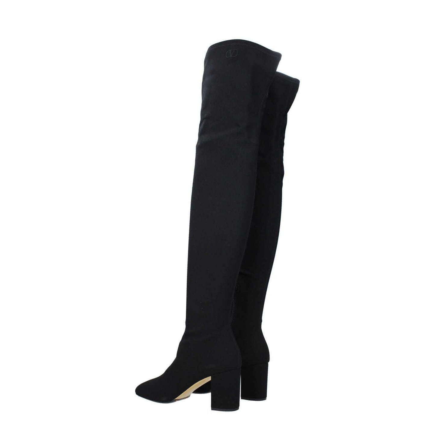 Valentino Garavani Black Fabric Over The Knee Boots with square toe, zip closure, and mid heels.