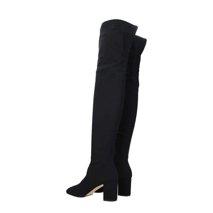 Valentino Garavani Black Fabric Over The Knee Boots with square toe, zip closure, and mid heels.