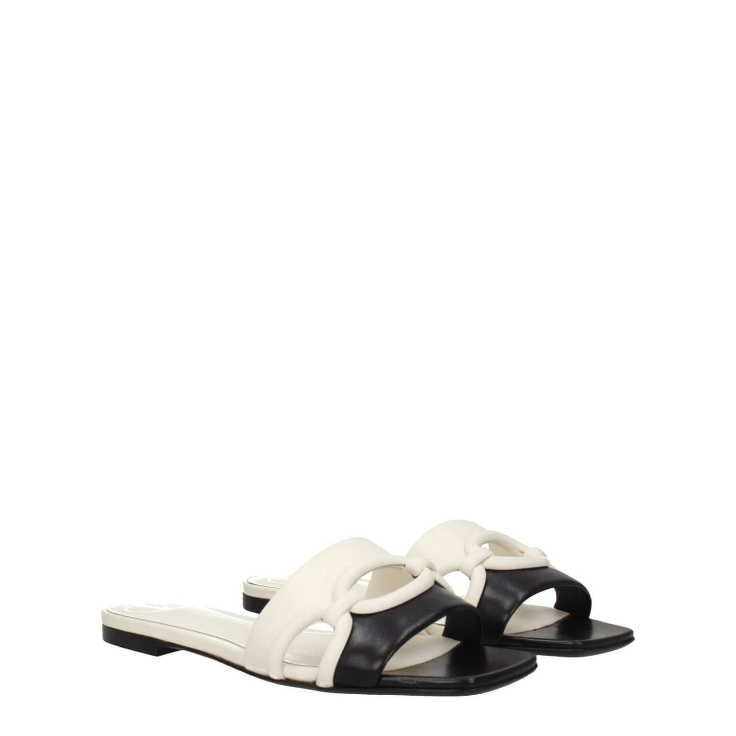 Valentino Garavani Black Leather Slippers featuring ivory accents, open toe, and low flat heel, MPN S0GH7ZUC790, stylish casual footwear.