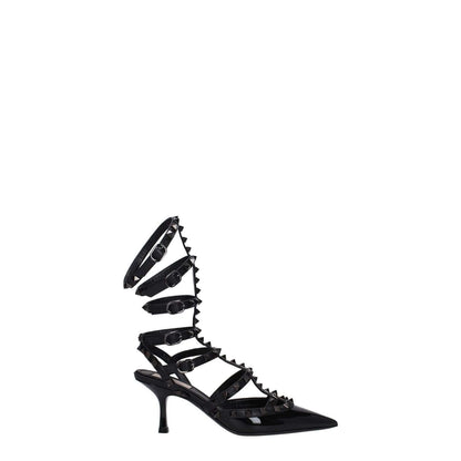 Valentino Garavani Black Leather Stiletto Heel Sandals with buckle closure and studs, patent leather material, mid-heel height 7 cm.