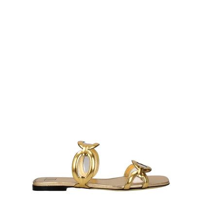 Valentino Garavani Gold Leather Slippers, open toe, low flat heel, casual style, gold leather with designer logo, MPN S0GK2NHEV3L