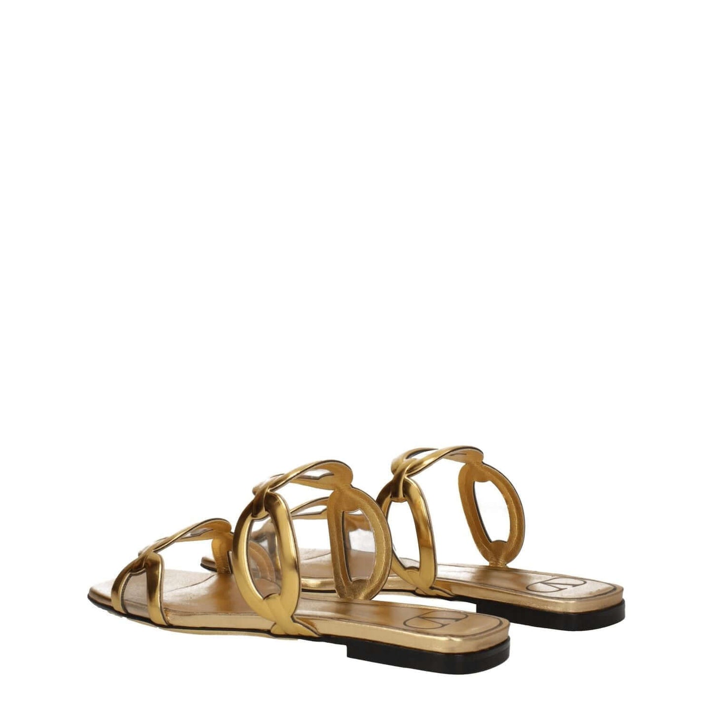 Valentino Garavani Gold Leather Slippers, open toe casual clogs with low flat heel, made of luxurious gold leather, perfect for stylish wear.