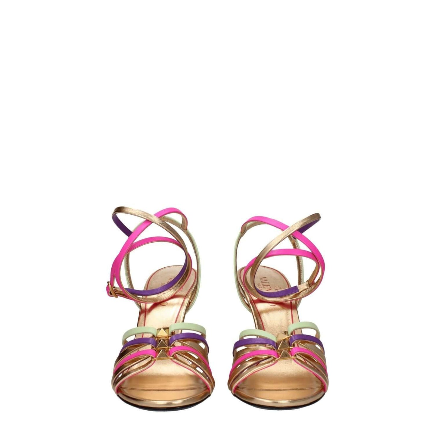 Valentino Garavani Multicolor Leather Stiletto Heel Sandals with buckle closure, gold color details, and open toe design.