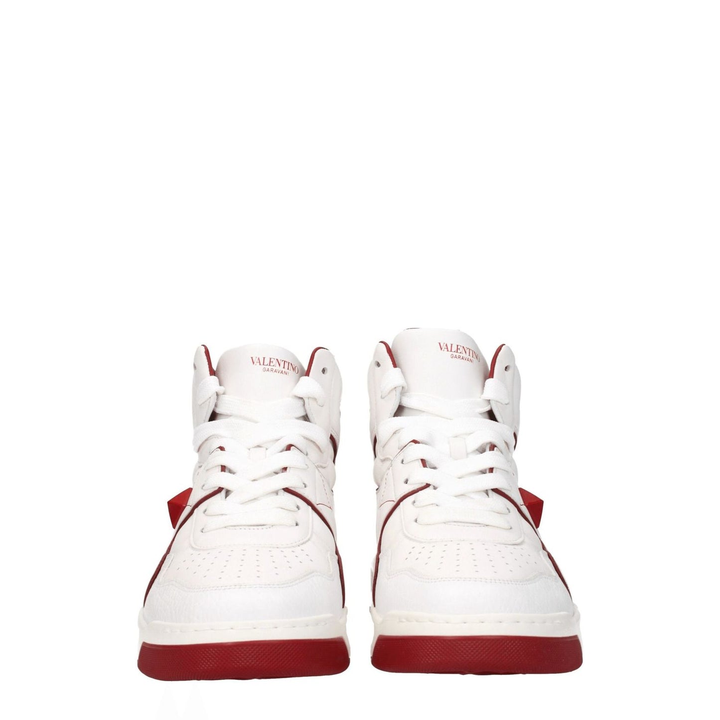 Valentino Garavani White Leather High Top Sneakers with red accents, lace-up closure, and rubber sole.