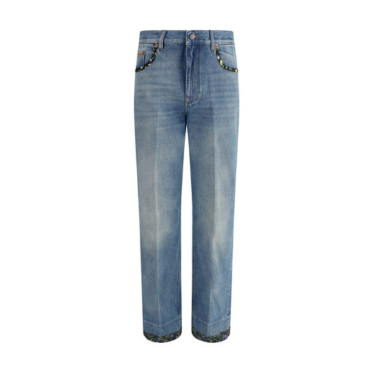 Valentino Jeans with floral details showcasing front zipper, floral applique on pockets, and belt loops for customizable fit.