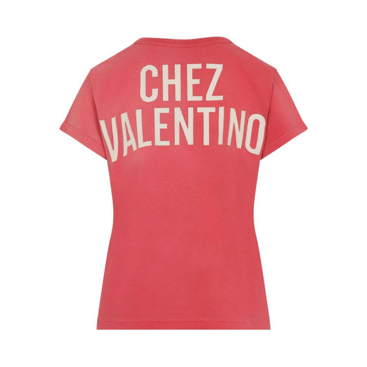Valentino Light chez t-shirt in red, crew neck, short sleeves, graphic print on chest, logo print on rear, straight hem, printed cotton.