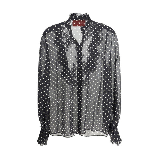 Valentino Polka dot silk Shirt with mandarin collar, ruffles, and lace detail, perfect for elegance in SS25 fashion collection.