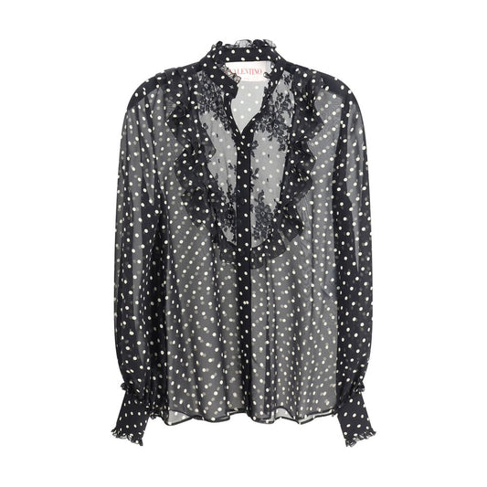 Valentino Polka dot silk Shirt with semi-transparent polka dots, ruffles, mandarin collar, front button closure, elegant lace detail, SS25 fashion.