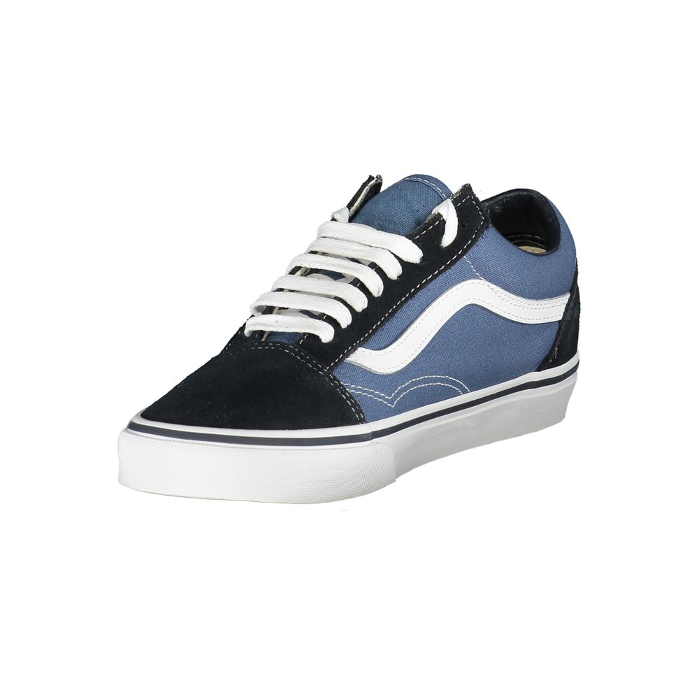 Vans Blue Leather Men Sneaker with classic contrasting details and logo, perfect for streetwear style and skatepark durability.