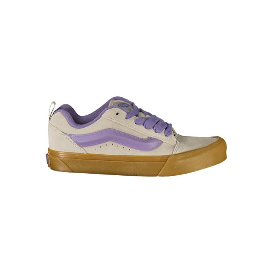Vans Gray Leather Women Sneaker with wisteria accents and gum sole side view.