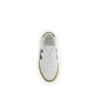 Veja White Leather Low Top Sneakers top view with "V" initial and logo on heel, showcasing organic leather design and sustainable style.