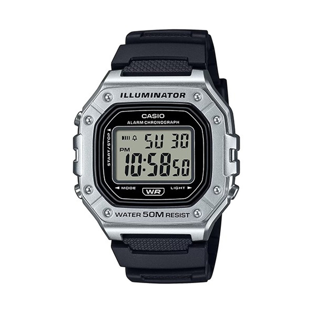 CASIO TIMELESS COLLECTION Mod. SPORT ILLUMINATOR WR 50M. ALARM. CHRONOGRAPH - SILVER - METAL SERIE W-218HM-7AVEF