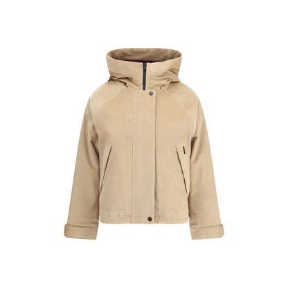 Woolrich Beige Cotton Clothing - Corduroy jacket with hood and zipper closure, featuring buttoned welt pockets for outdoor functionality.
