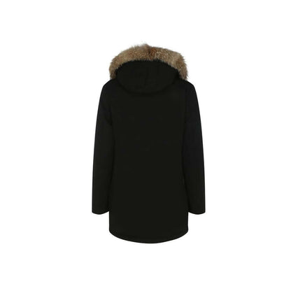 Woolrich Black Cotton Parka with fur-trimmed hood, back view showing oversized design and cozy winter coat features.