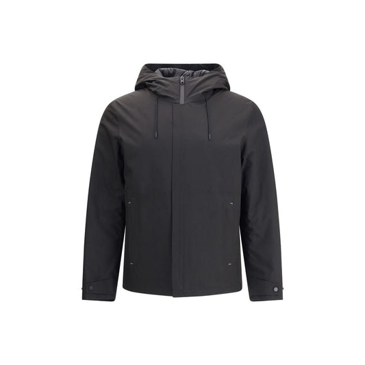 Woolrich Black Polyester Shell Jacket with adjustable drawstring hood and double-slider zipper, front view.