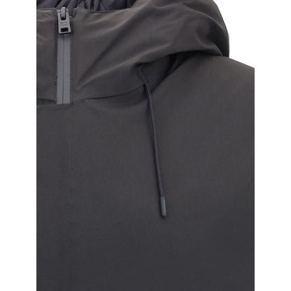 Close-up of Woolrich Black Polyester Shell Jacket with adjustable drawstring hood.