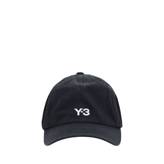 Y-3 Black Cotton Cap (Baseball Hat) with embroidered logo on front, adjustable closure for custom fit, ideal for casual outfits.
