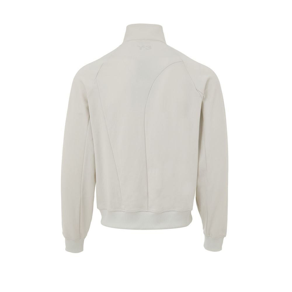 Back view of Y-3 White Polyamide Hoody in slim fit with rubberized logo, showcasing technical fabric and turtleneck design.