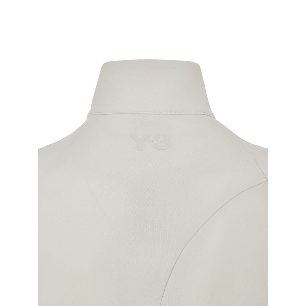Back view of Y-3 White Polyamide Hoody with rubberized logo on turtleneck collar, showcasing design and texture.