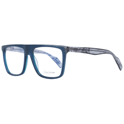 Yohji Yamamoto Blue Plastic Glasses (Frames) for men, full-rim trapezium style with spring hinge, includes branded soft case, size 55-16-148.