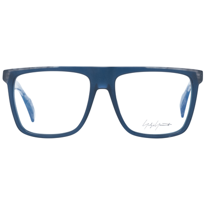 Yohji Yamamoto Blue Plastic Glasses (Frames) with full-rim trapezium style, featuring spring hinges and demo lenses, front view.