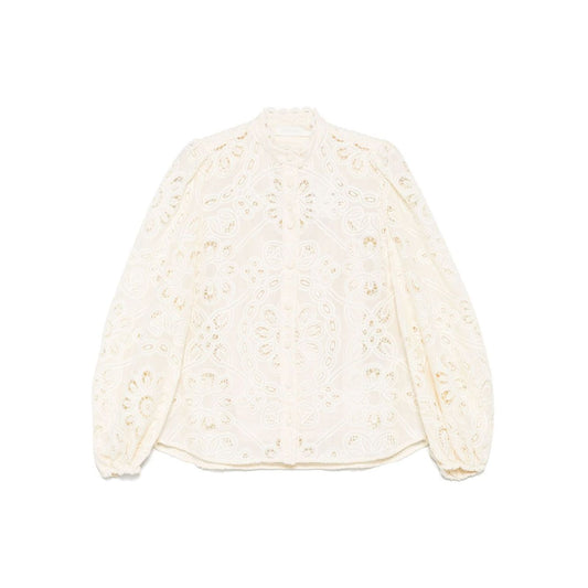 Zimmermann Shirts Ivory blouse with floral detailing, button fastening, long sleeves, elastic cuffs, beige color. True to size fit.